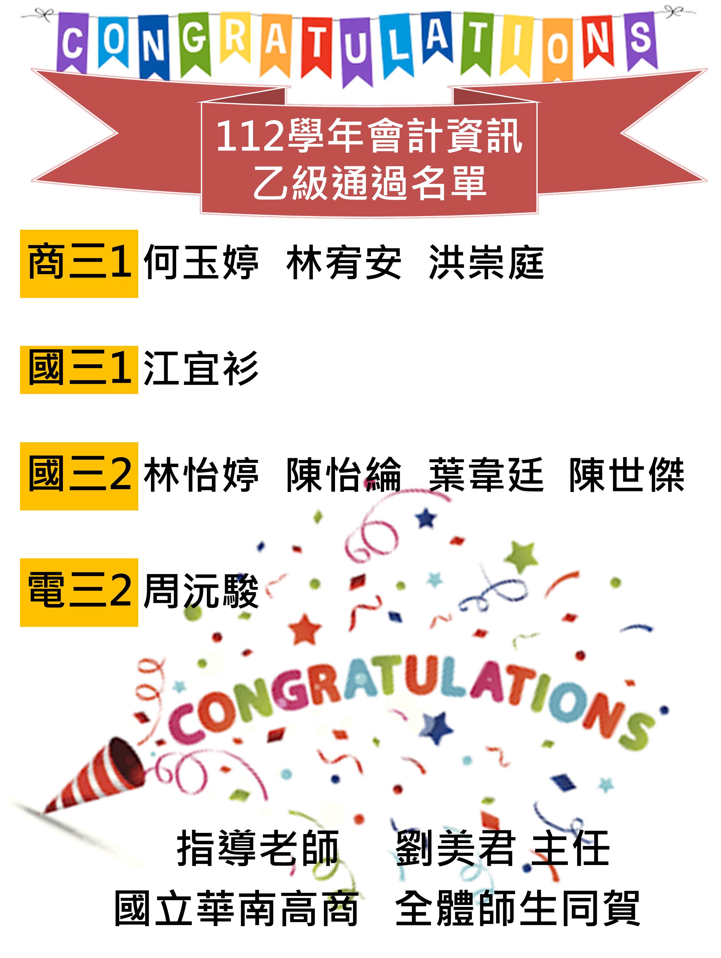 112年會計資訊乙級通過名單