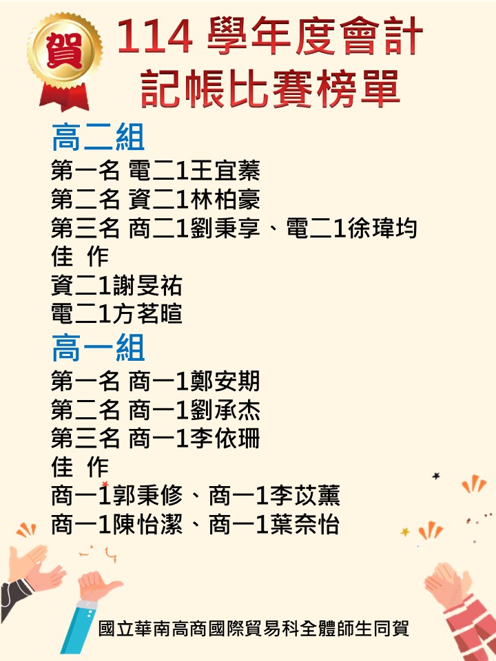 114學年度會計記帳比賽榜單