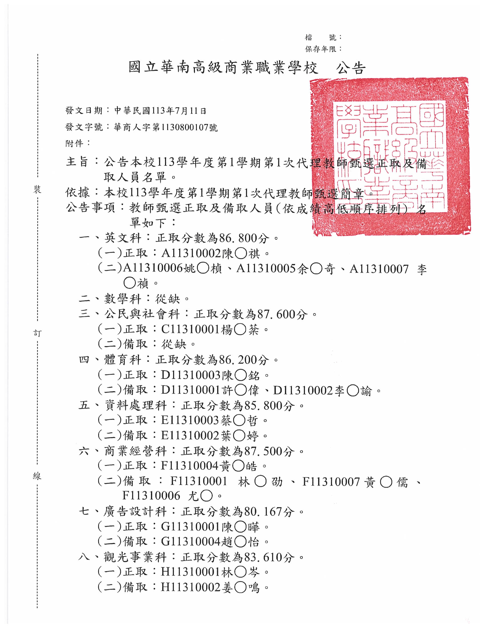 國立華南高級商業職業學校113學年度第1學期第1次代理教師甄選正取及備取人員名單-頁面1